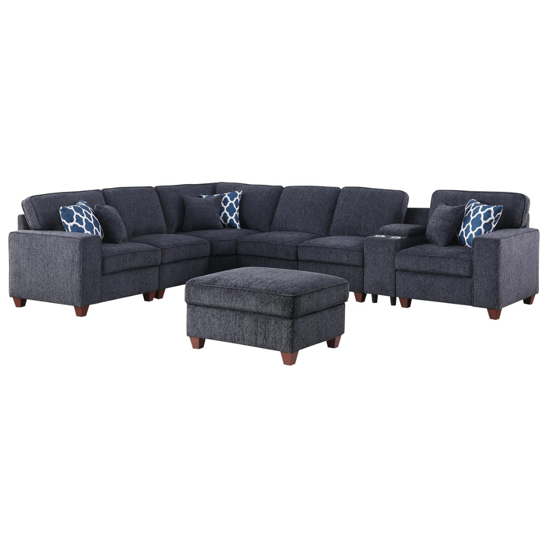 127" 7-Seat L-Shaped Sectional Sofa W/ Ottoman & 6 Throw Pillows