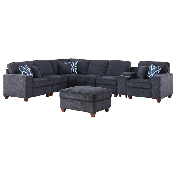 127" 7-Seat L-Shaped Sectional Sofa W/ Ottoman & 6 Throw Pillows
