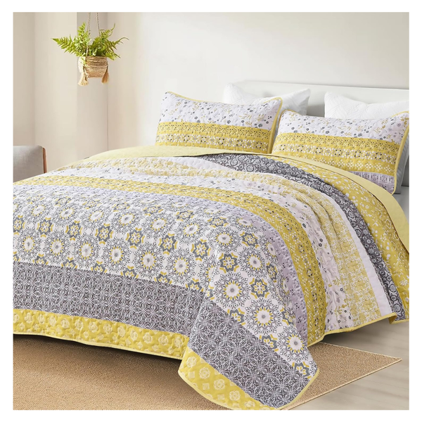 3-Pieces 96" x 90" Boho Queen Size Quilt Set With Pillowcases