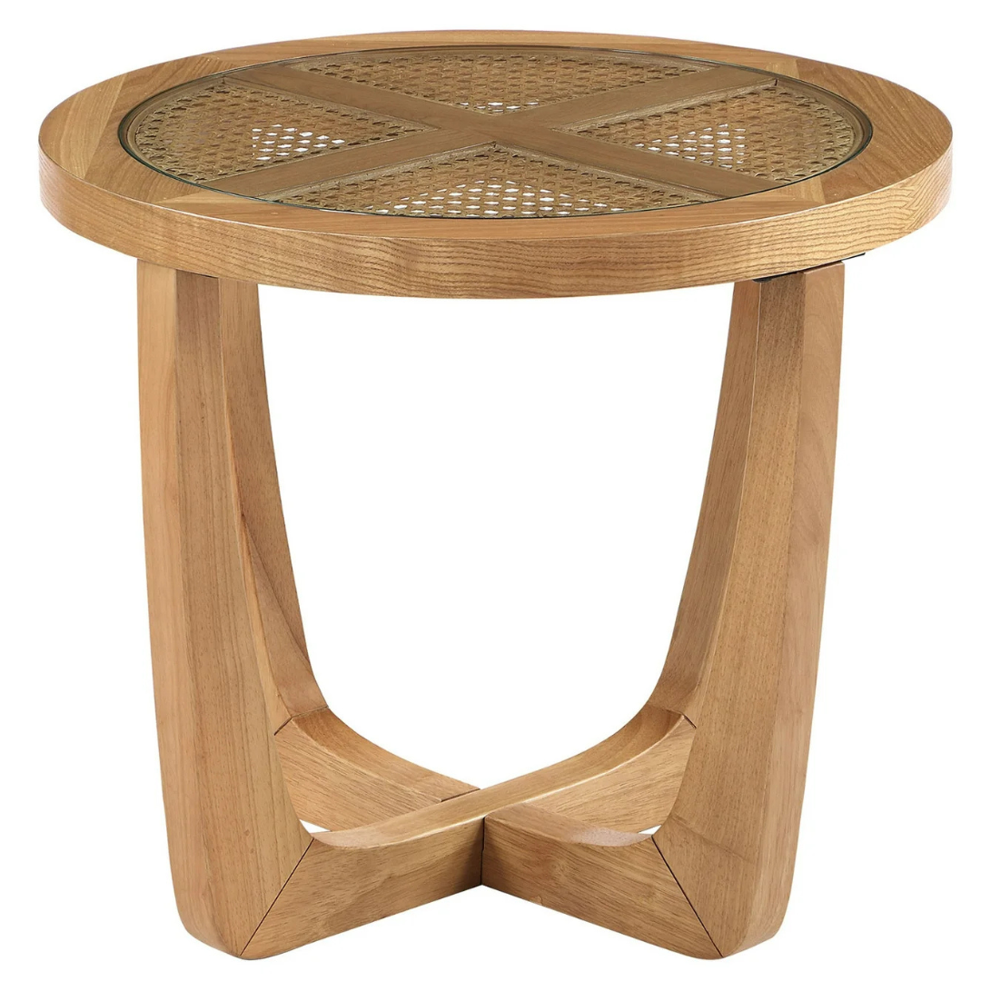 Beautiful Rattan & Glass Side Table with Solid Wood Frame by Drew Barrymore