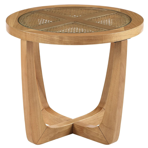 Beautiful Rattan & Glass Side Table with Solid Wood Frame by Drew Barrymore