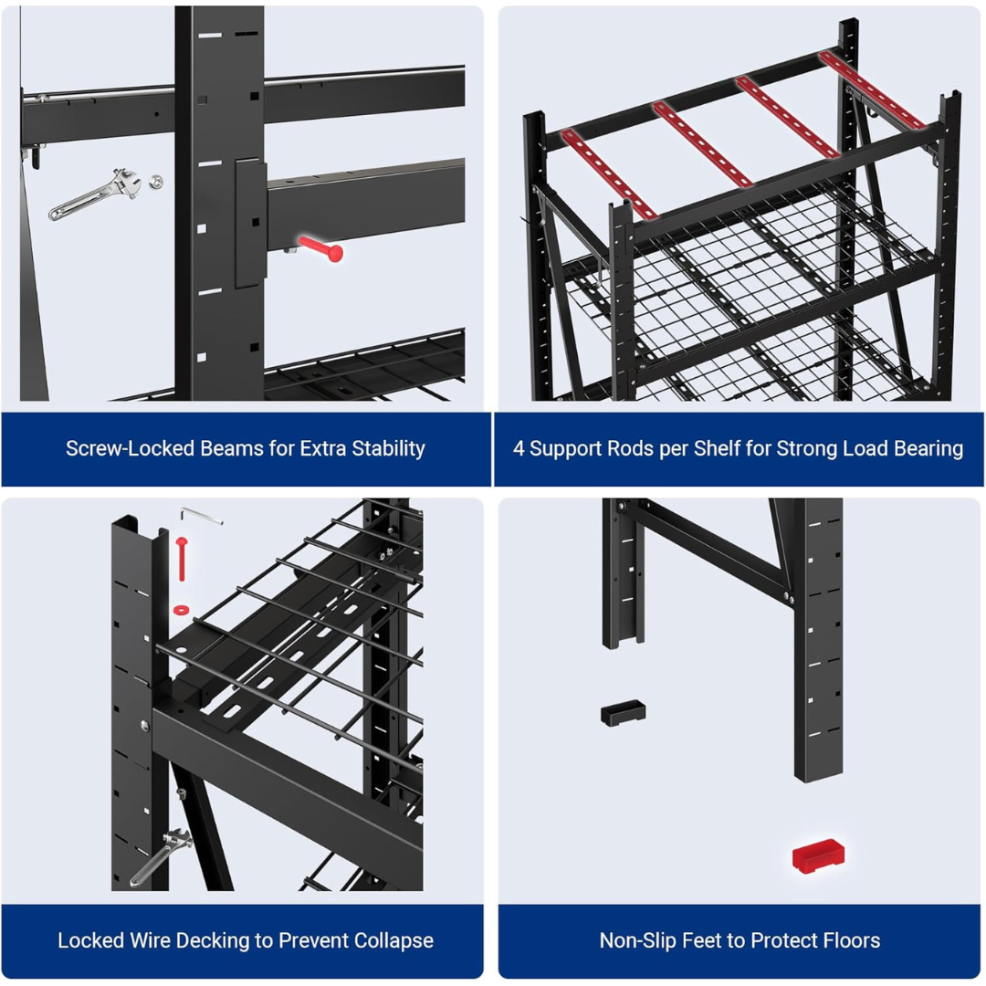 10000LBS Fleximounts 4-Tier Industrial Shelving Unit with 4 Hooks