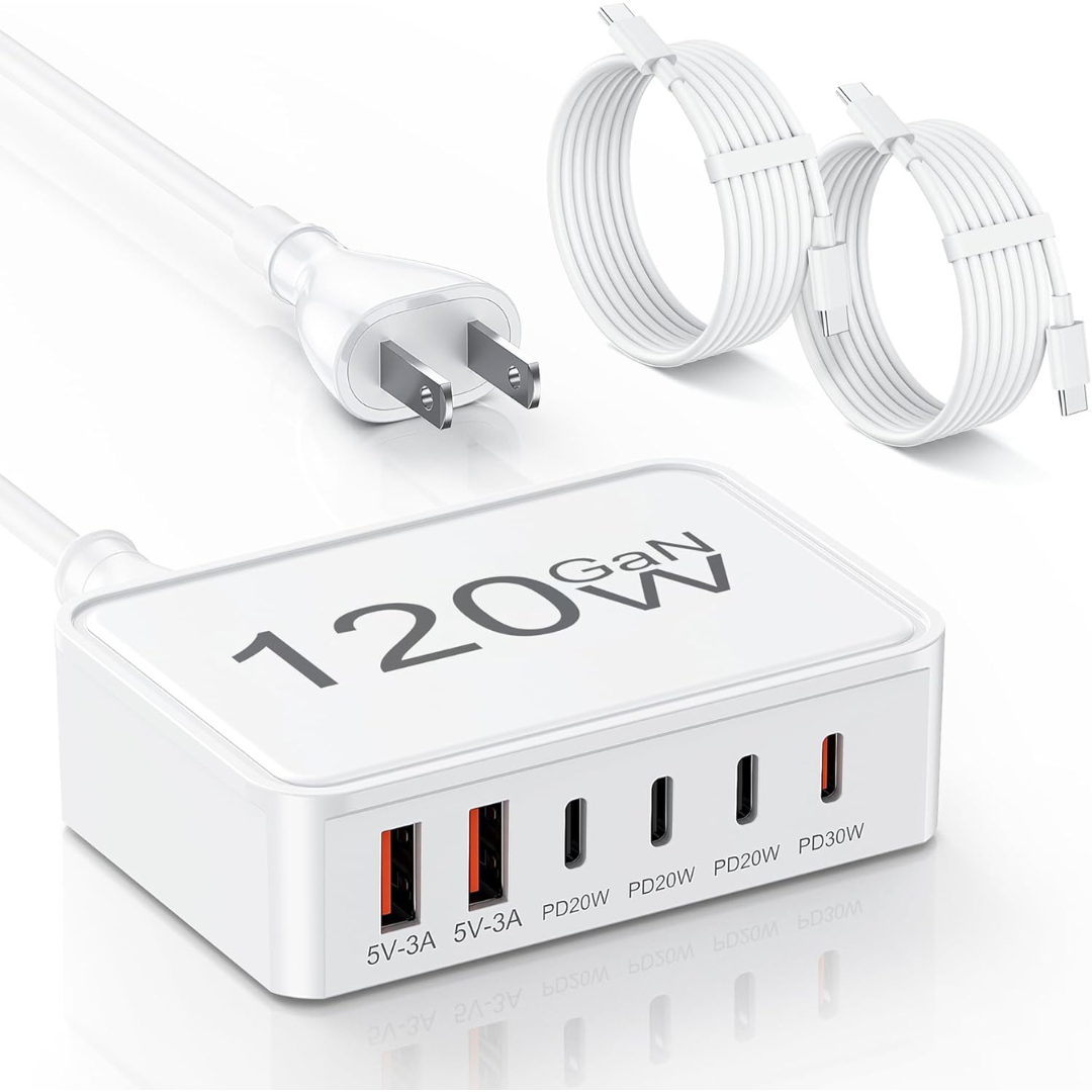6-Port 120W GaN USB-C Fast Charging Station Hub w/ 5-Feet Cord