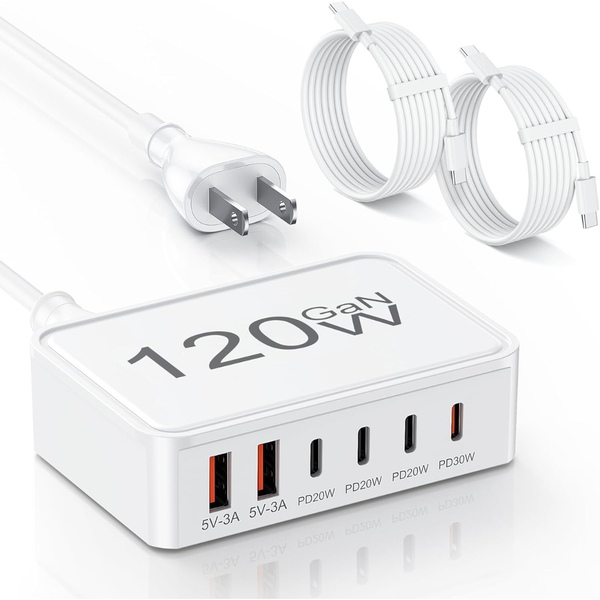 6-Port 120W GaN USB-C Fast Charging Station Hub w/ 5-Feet Cord