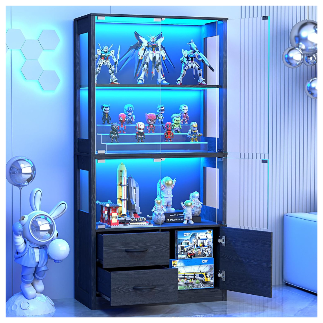 4-Tier Smart Display Cabinet With Glass Doors