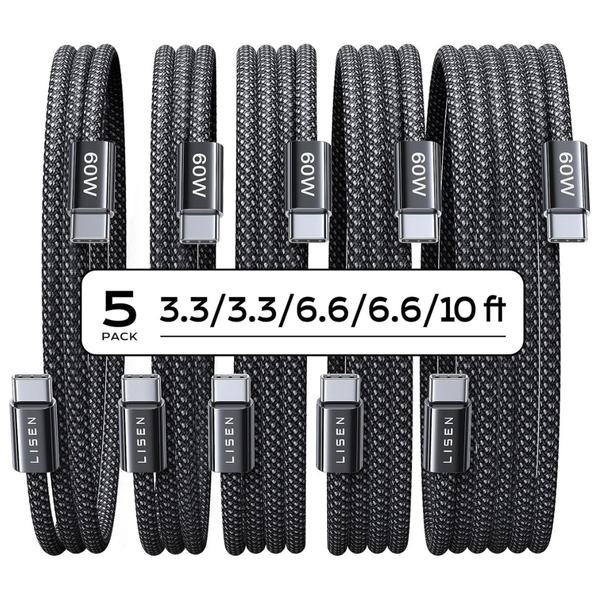5-Pack Lisen 60W USB-C Braided Charger Cables (3.3/3.3/6.6/6.6/10 ft)