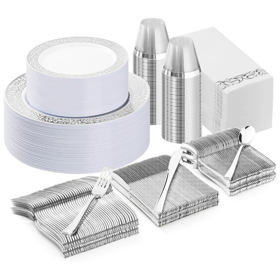 BestLuck 350 Pcs Silver Plastic Disposable Dinnerware Set For 50 Guests