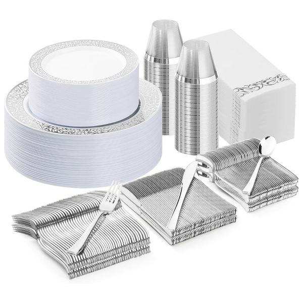 BestLuck 350 Pcs Silver Plastic Disposable Dinnerware Set For 50 Guests