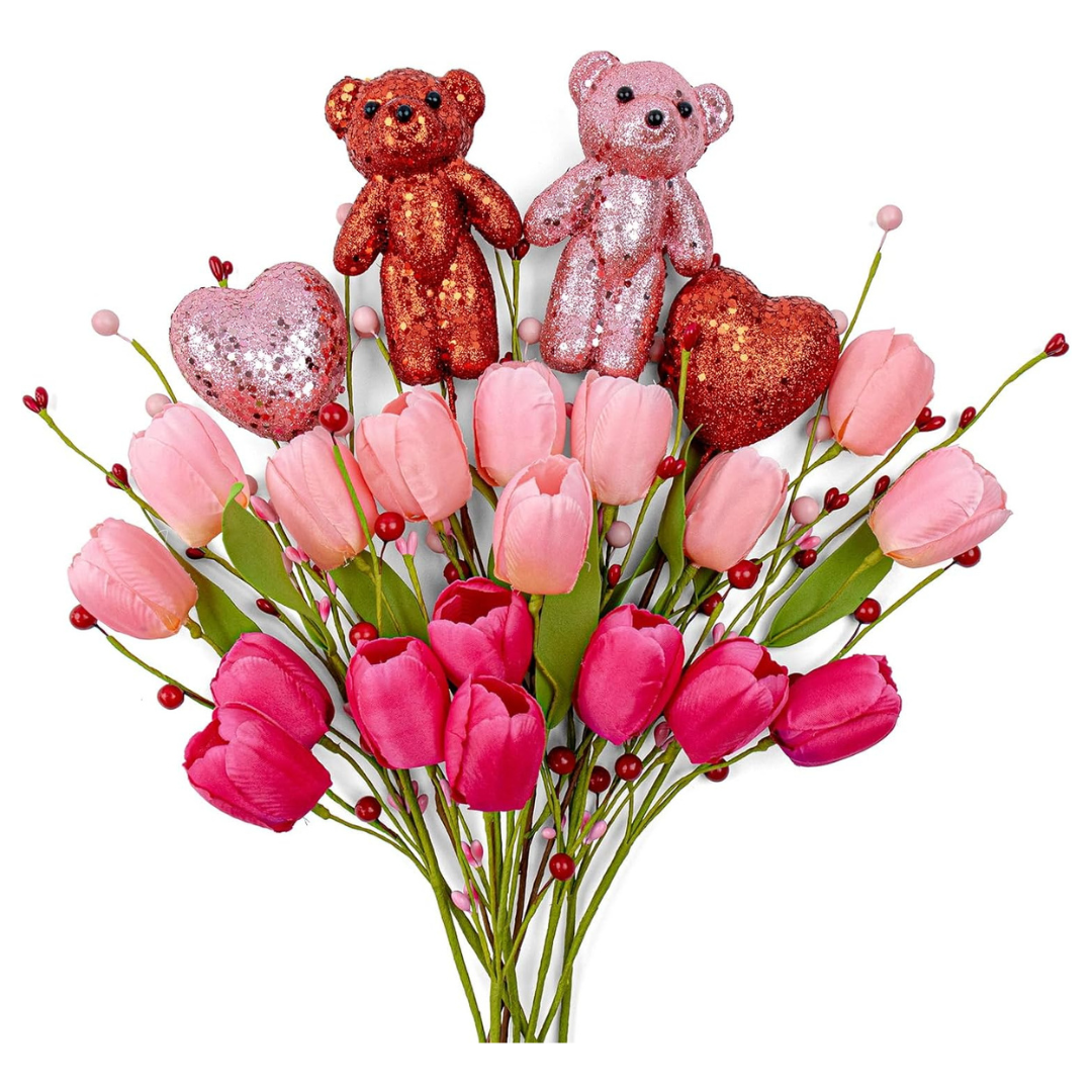 10-Pack Valentine's Day Artificial Floral Picks W/ Bear & Heart Tulip