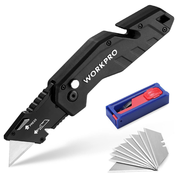WORKPRO Folding Utility Knife Box Cutter W/ Belt Clip & 10 Blades