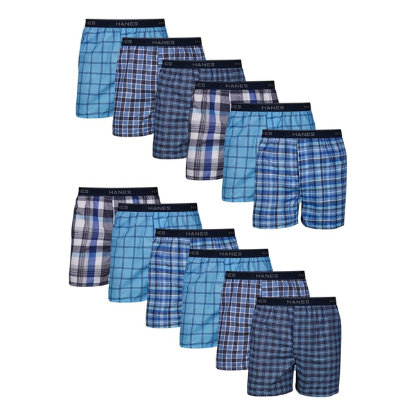 12-Pack Hanes Men's Tagless Cotton Moisture-Wicking Boxers