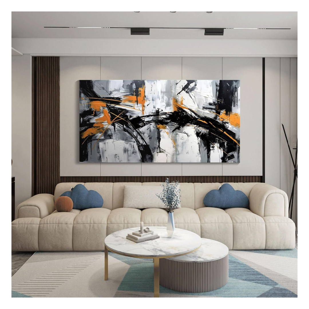48" x 24" Black Abstract Canvas Wall Art With Orange Accents