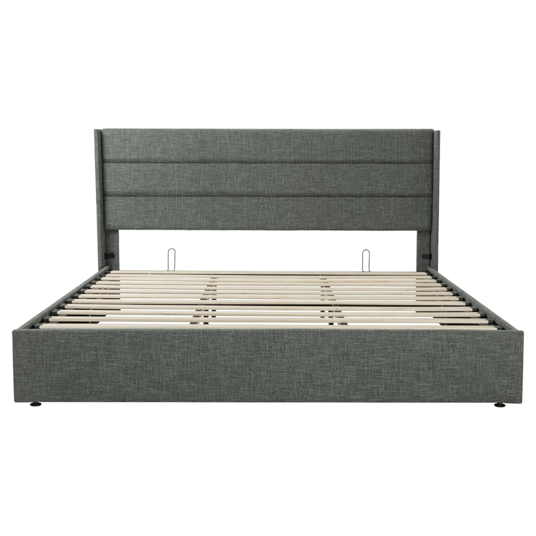 King Size Lift Up Storage Bed With Modern Wingback Headboard