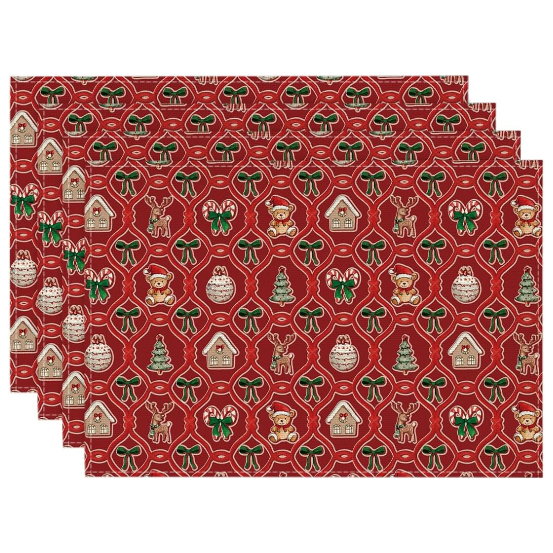 Set Of 4 Cloth 12x18 Artoid Mode Xmas Trees Balls Reindeer Christmas Placemats