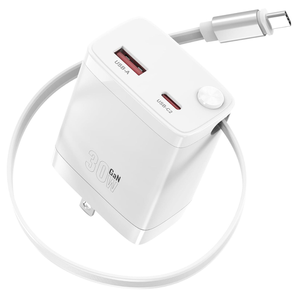 30W Retractable Wall Charger with USB C Cable Dual Port
