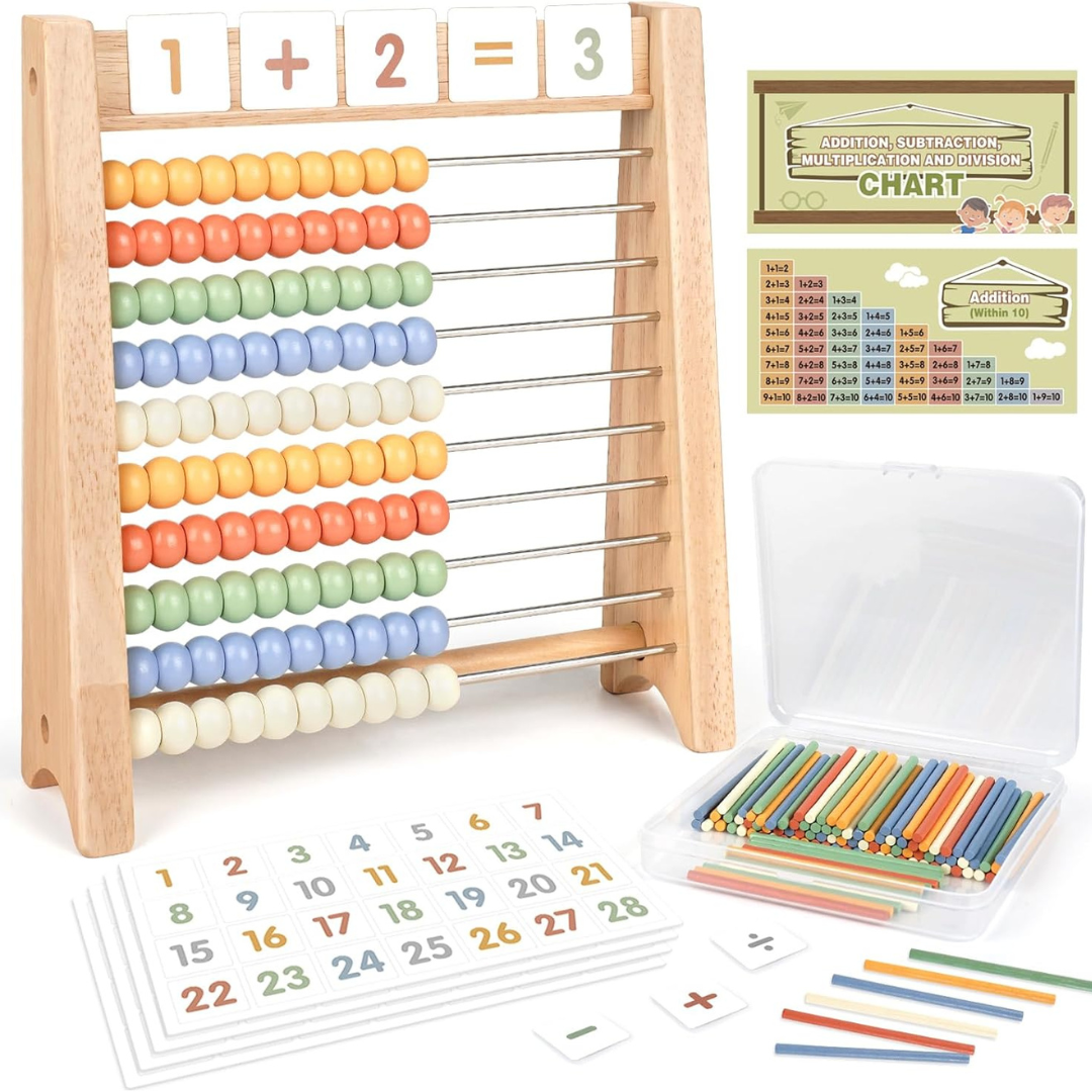 Wooden Abacus with 100 Counting Sticks and 112 Math Cards