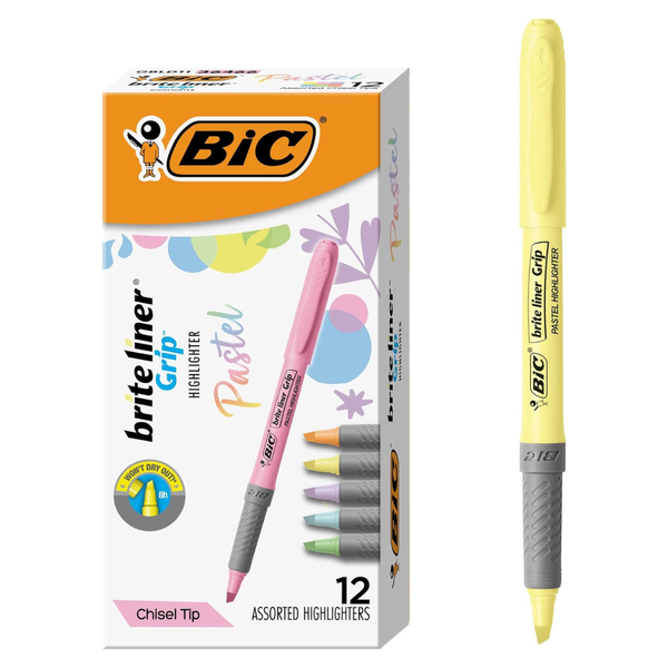 12-Pack BIC Brite Liner Grip Pastel Highlighter Set