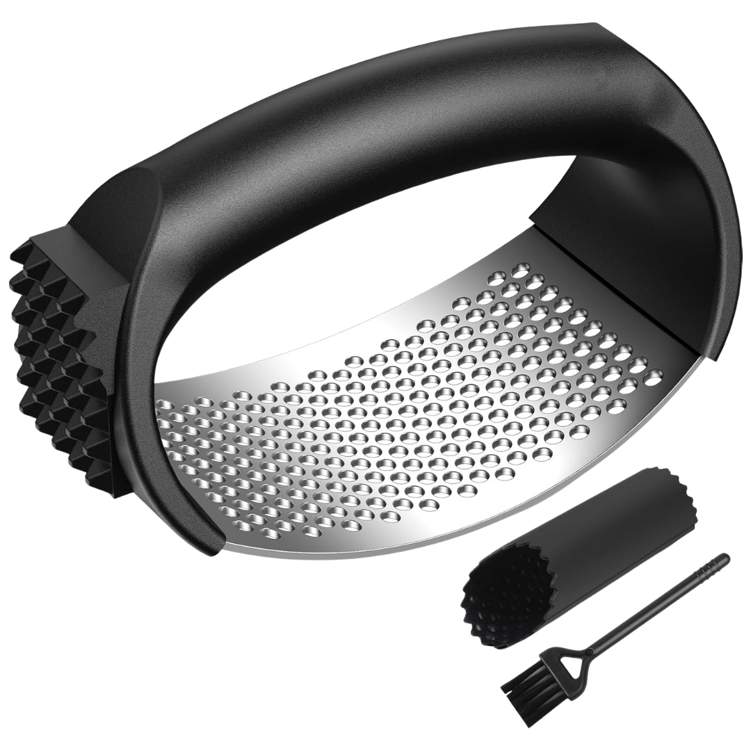 Garlic Press Rocker Set With Garlic Peeler & Cleaning Brush