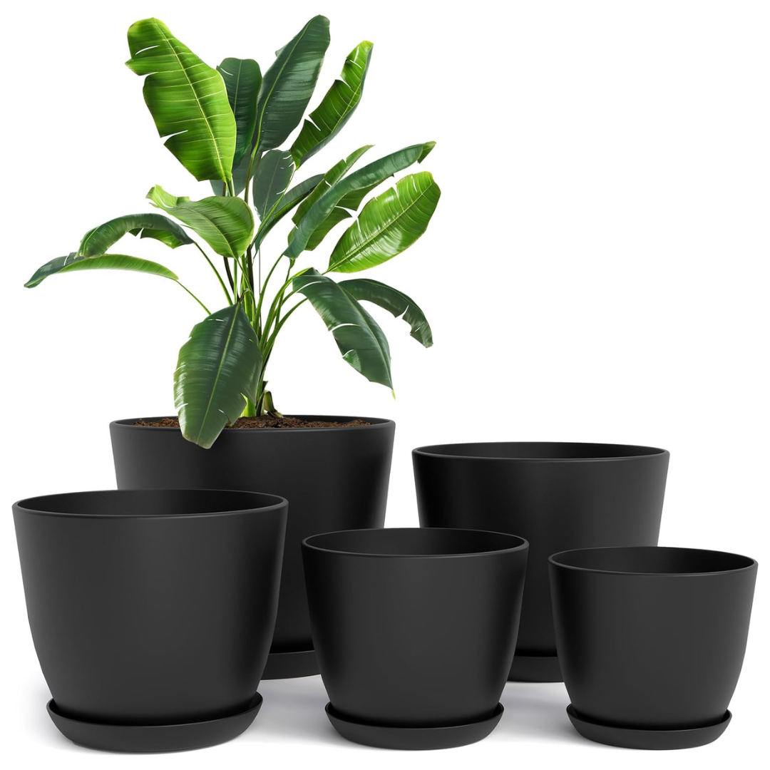 5-Pack Plastic Plant Pots With Drainage (7/6.6/6/5.3/4.8 Inch)