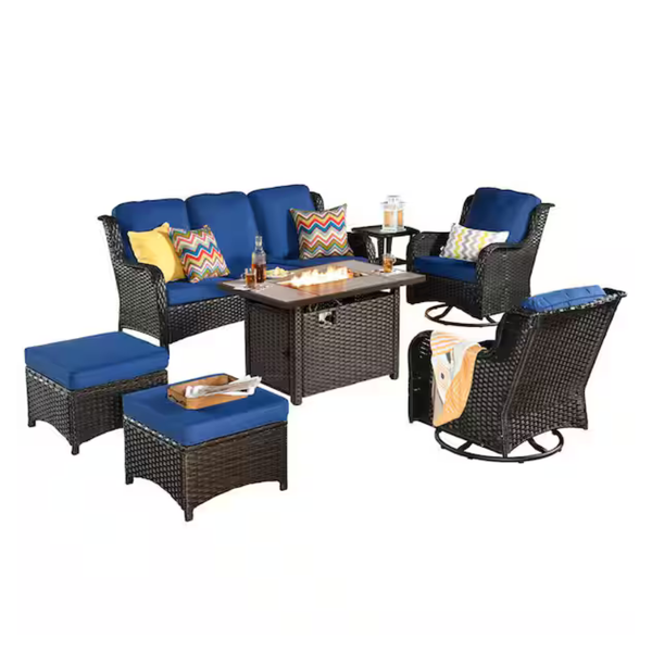OVIOS 7-Piece Wicker Patio Fire Pit Conversation Set W/ Cushions And Chairs
