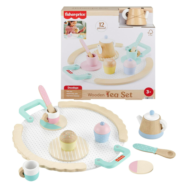 12-Piece Fisher-Price Wood Pretend Play Toy Tea Set