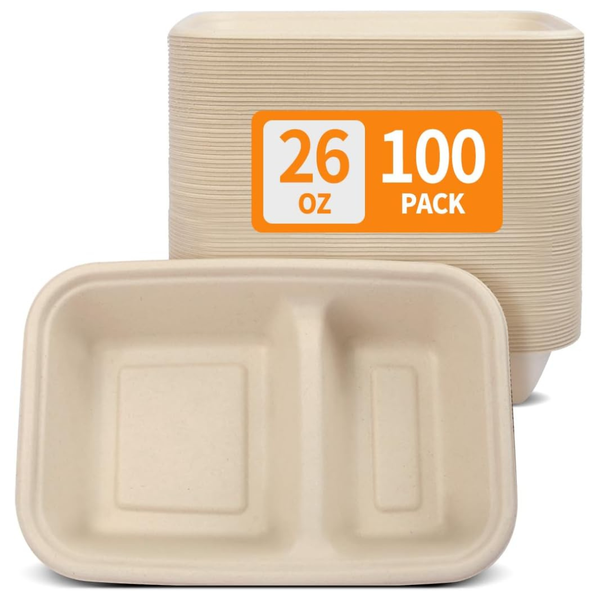 100-Pack Celel 2 Compartment Divided Disposable Bowls Dish