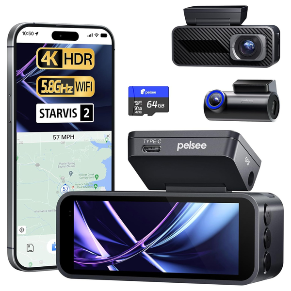 Pelsee P1 Pro 4K Front and Rear Dash Camera w/ 64GB Card