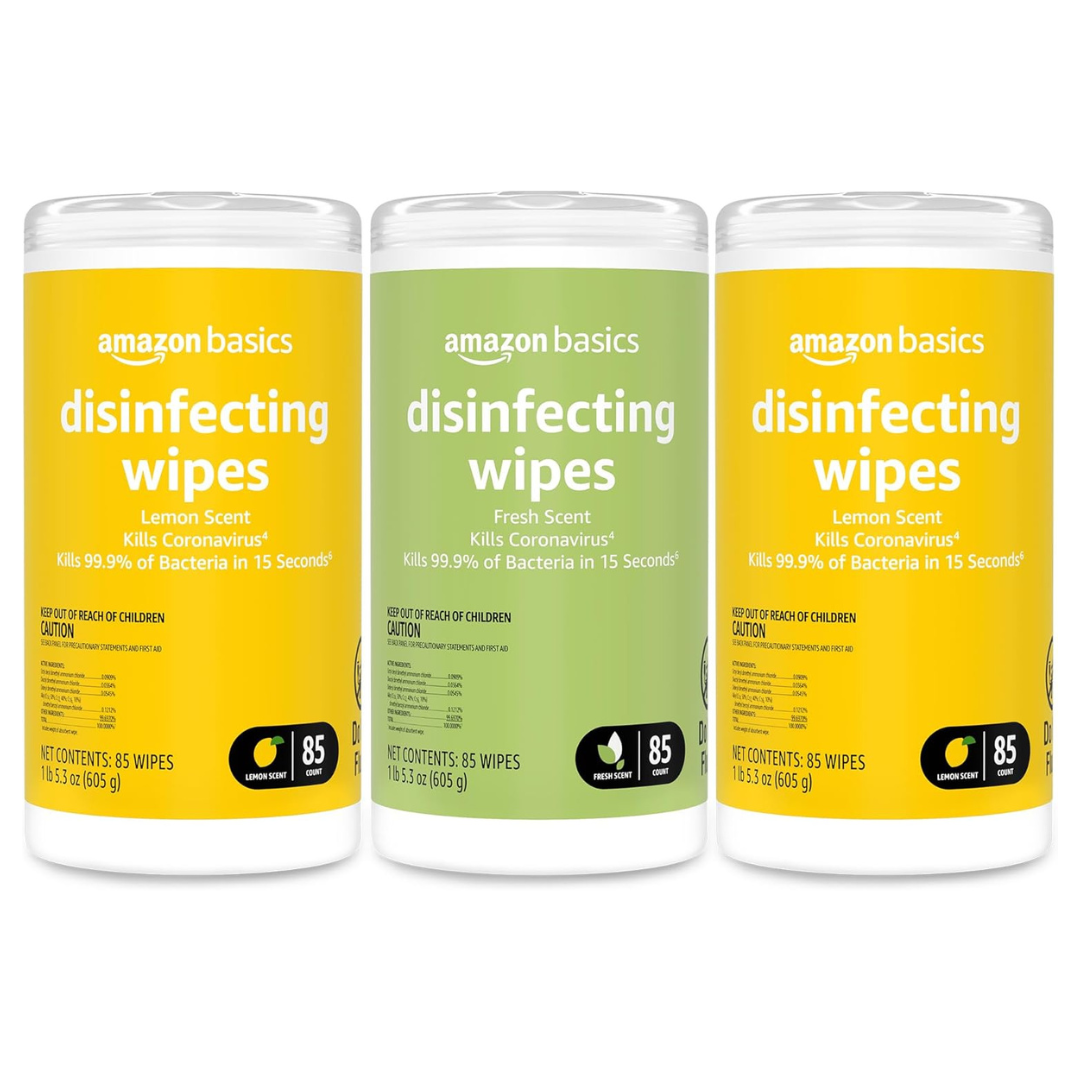 255-Count (3pk x 85ct) Amazon Basics Lemon & Fresh Scent Disinfecting Wipes