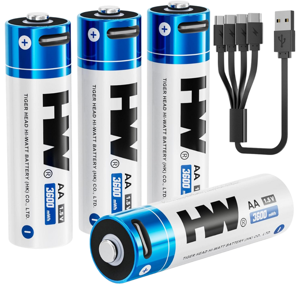4-Pack HW AA USB-C Rechargeable 1.5V 3600mWh Lithium Batteries