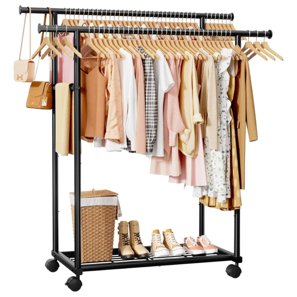 Double Rod Clothing Rack With Fixed Design And Rolling Wheels