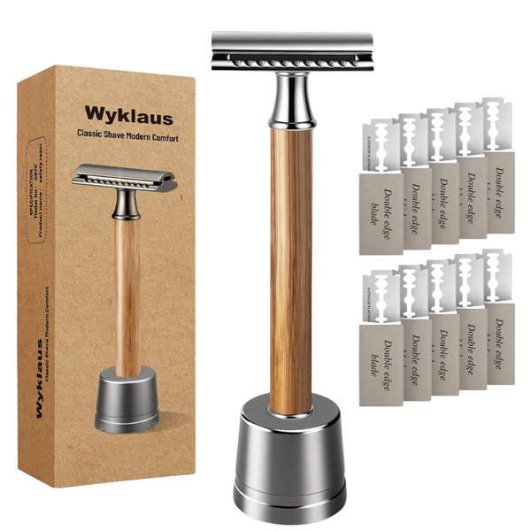 Premium Metal Double Edge Razor With Bamboo Handle & 10 Blades