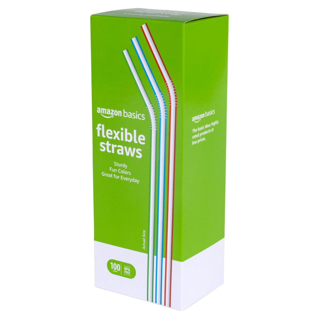 100-Count Amazon Basics Disposable Striped Plastic Flex Straws