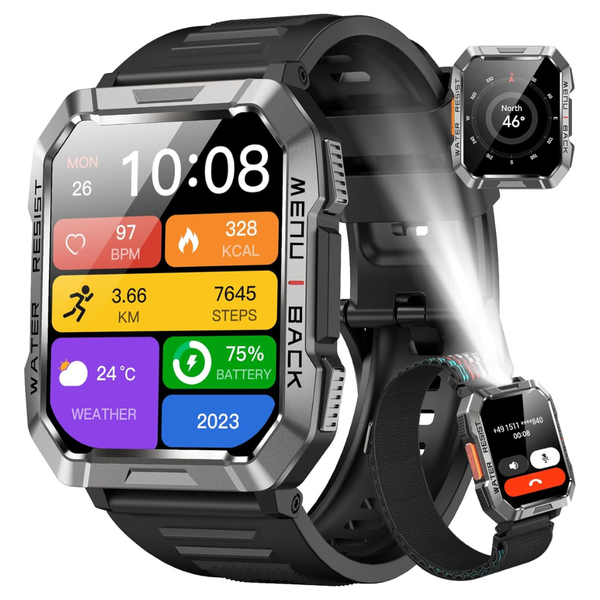 Men's Military Fitness Tracker Smart Watch W/ Flashlight (Answer/Make Call)