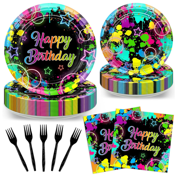 96-Piece Neon Happy Birthday Party Decorations Glow Plates