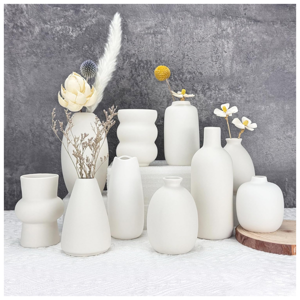 Set Of 10 Xunsiga White Ceramic Bud Small Flower Vases