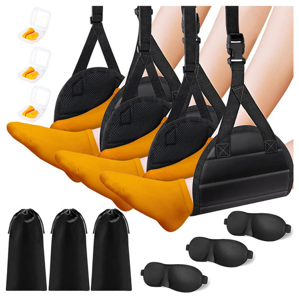 Set Of 3 CushZone Airplane Foot Hammock With Eye Mask & Earplugs