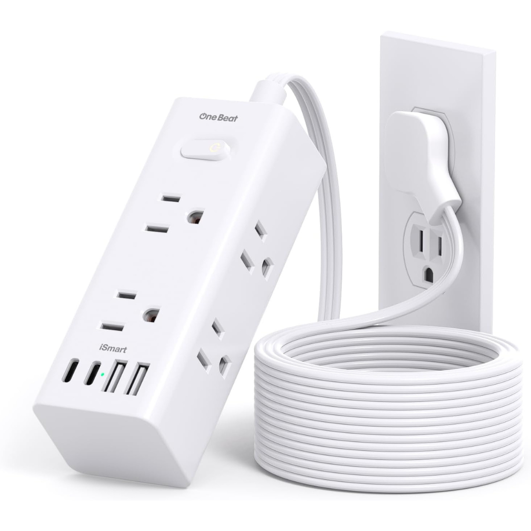 One Beat 10ft 6-Outlet Flat Plug Power Strip Extension Cord w/ 3-USB Ports