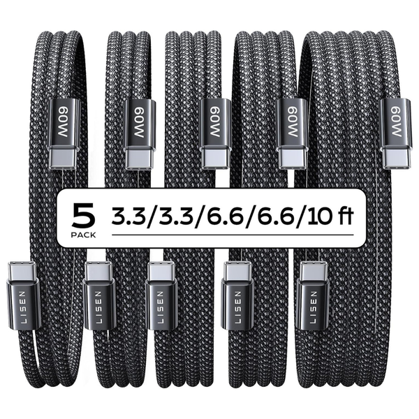 5-Pack Lisen 60W USB-C Braided Charger Cables (3.3/3.3/6.6/6.6/10 ft)
