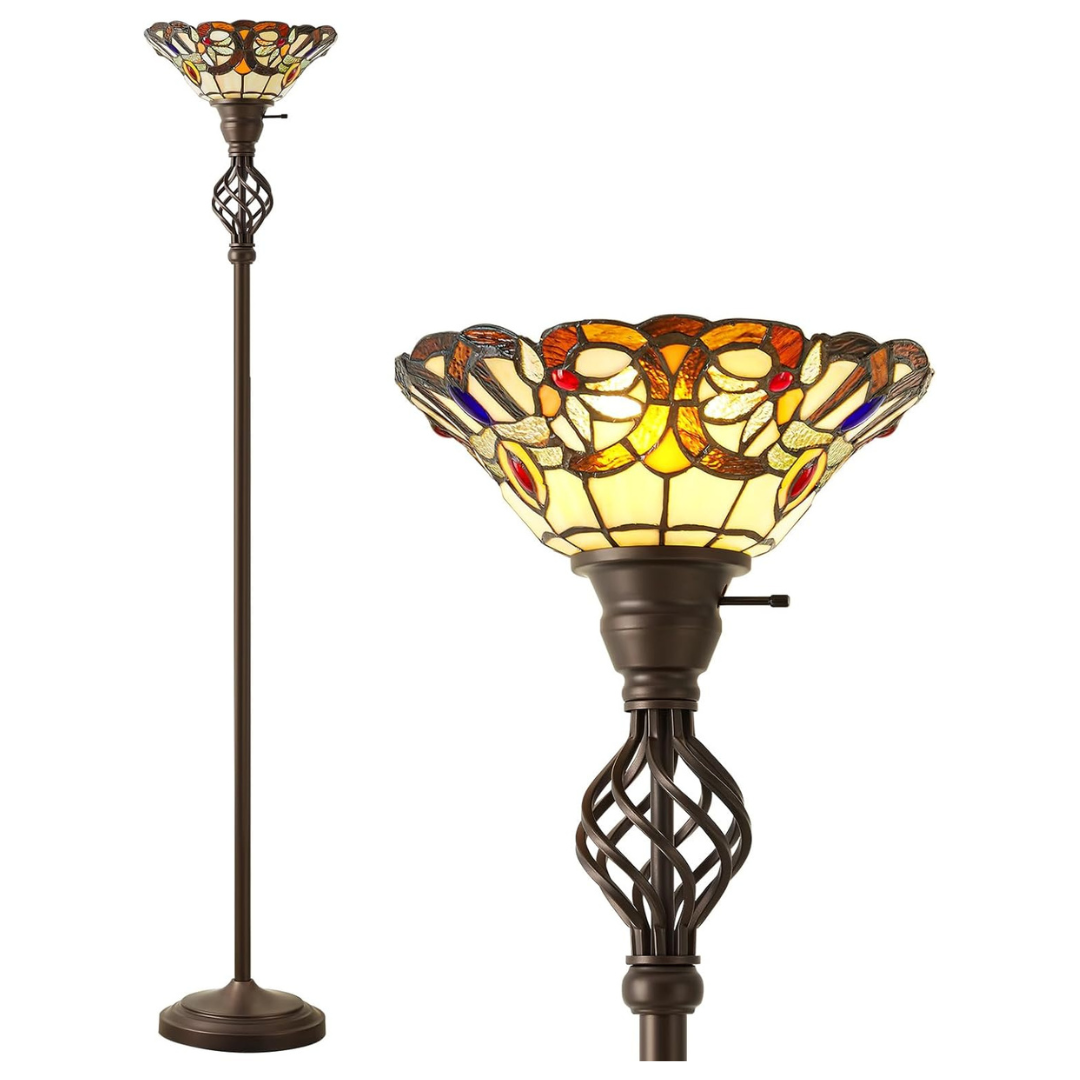 GyroVu Tiffany 71" Torchiere Floor Lamps With Stained Glass