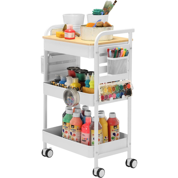 3-Tier Rolling Art Cart with Tabletop & Pegboard (2 Colors)
