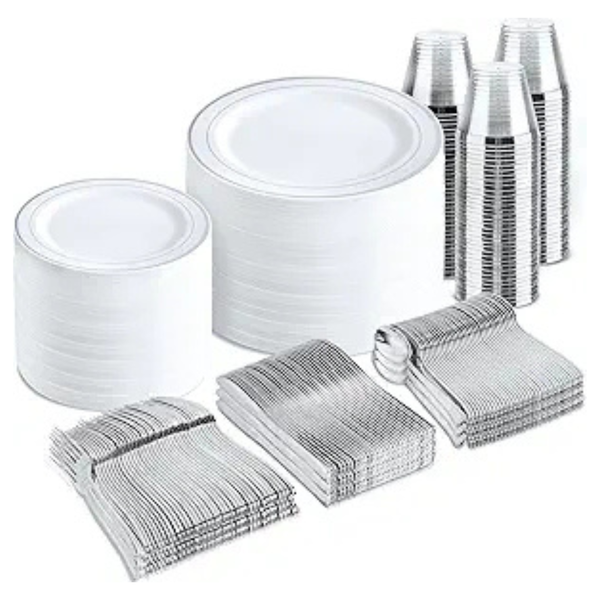 bUCLA 600 Pcs Silver Plastic Disposable Dinnerware Set For 100 Guests