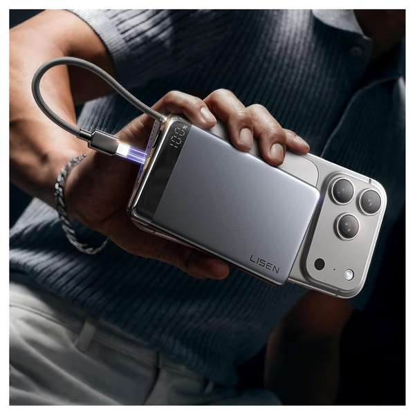 Lisen 10000mAh 22.5W 0.5" Ultra Slim Power Bank W/ Built-In USB-C Cable
