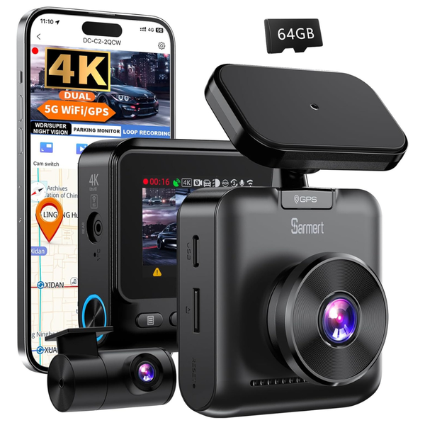 Sarmert 4K UHD Front & 1080P FHD Rear Dash Cam W/ GPS & 5G WiFi
