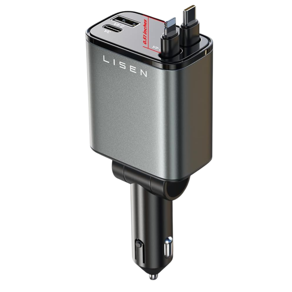 69W Lisen 4-In-1 Retractable USB-C/Lightning/USB-A Car Charger