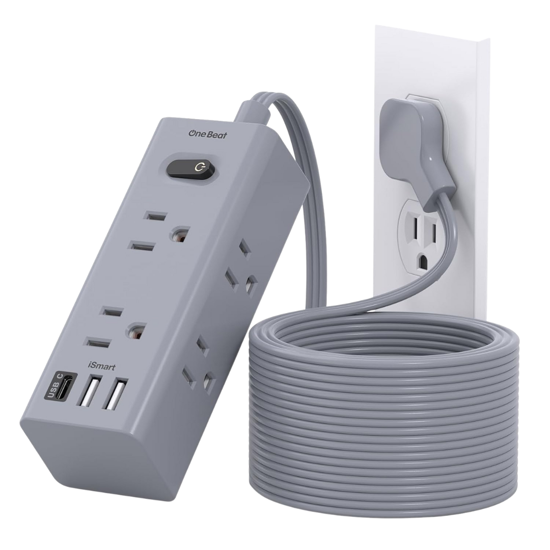 One Beat Flat Plug Power Strip Surge Protector W/ 15FT Long Cord