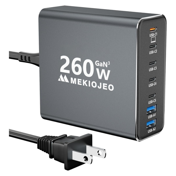 Mekiojeo 7-Port 260W USB-C GaN 3 Wall Charger Adapter