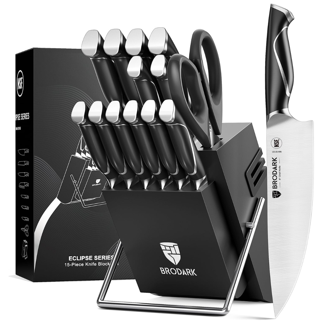 15-Piece Brodark Kitchen Knife Set with Block and Sharpener