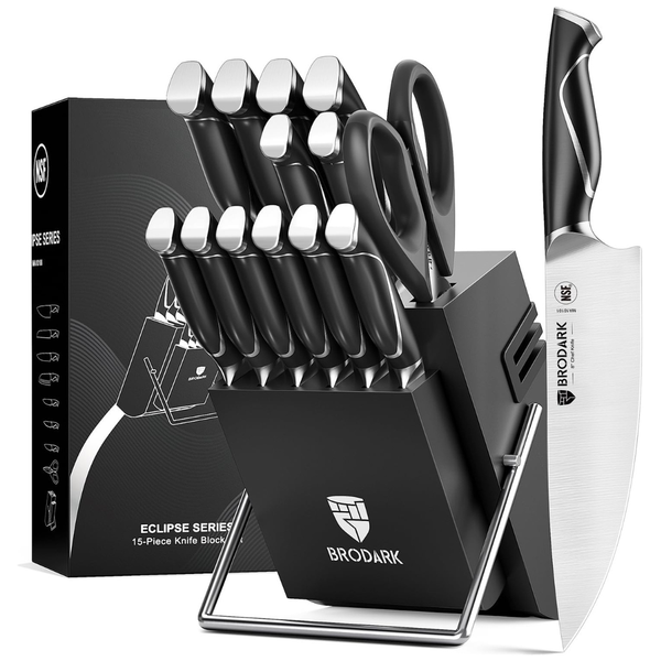 15-Piece Brodark Kitchen Knife Set with Block and Sharpener
