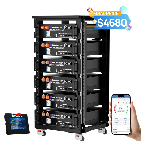 6-Pack ECO-WORTHY 48V 100Ah LiFePO4 Batteries + Battery Monitor + Server Rack