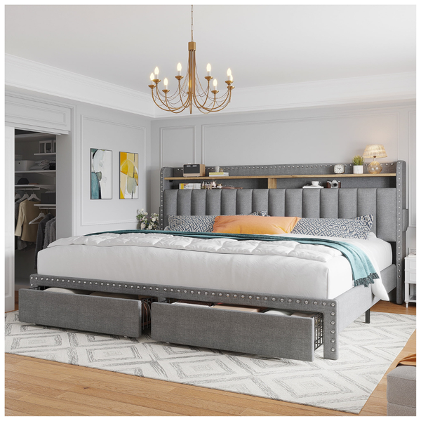 EnHomee Upholstered King Size Bed Frame With Headboard & Storage